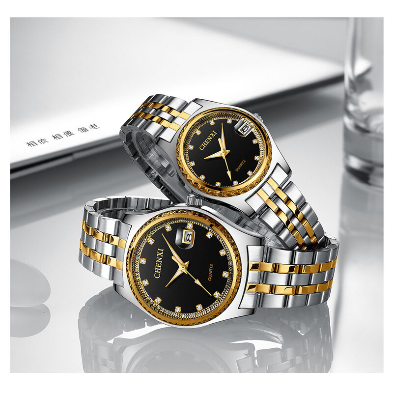 Moda chenxi relógios das mulheres dos homens strass dial marca superior casais de luxo quartzo completa aço inoxidável relógio à prova dwaterproof água calendário