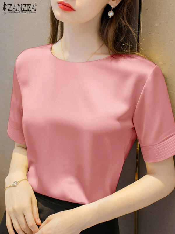 ZANZEA koreańska moda w jednolitym kolorze bluzy eleganckie damskie satynowe stylowe 2024 letnia tunika bluzki z krótkim rękawem w biurowa, damska