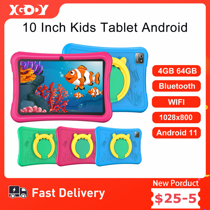 XGODY-Tableta Andoird de 10 pulgadas para niños, Tablet educativa de estudio, 4GB de RAM, 64GB de ROM, PC tipo C, con bonita funda protectora