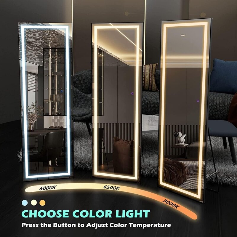 Espejo LED de cuerpo completo, espejo de pie iluminado, atenuación, iluminación de 3 colores, marco de aluminio de longitud, sala de estar grande