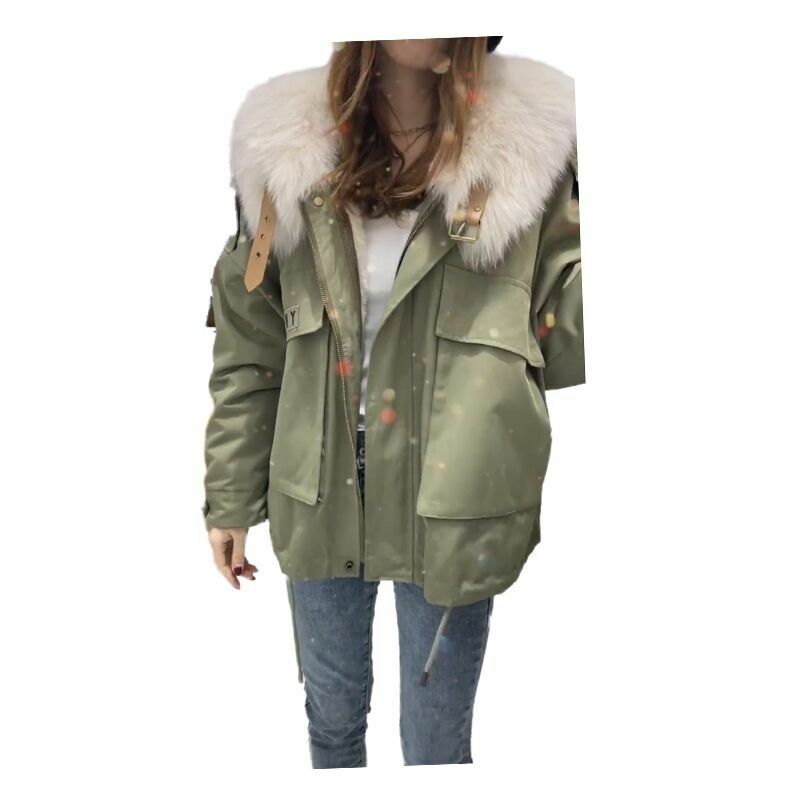 Abrigo cálido para mujer, Bolsillo grande desmontable con Cuello de piel, imitación de pelo de conejo, corto, moda de otoño e invierno