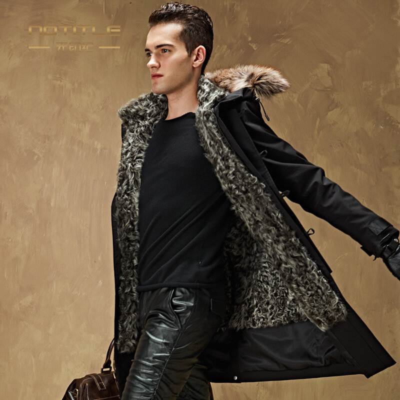 Mid-long Men's Parka Lamb Fur Liner Coats Winter Men Clothes Streetwear Casual Fur Male Coat Fashion Warm Silver Fox Fur Collar