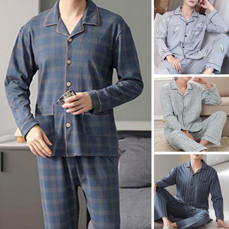 Pijama de manga comprida masculino com gola lapela, calça elegante, estampa de secagem rápida, conforto familiar, primavera, outono