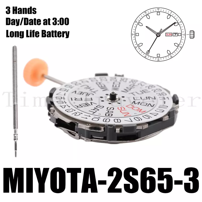 Movimento Miyota, 2S65, tamanho 10, 1, 2 '', altura 4,22mm, bateria de longa duração, 3 mãos, data e dia, em 3, sobre