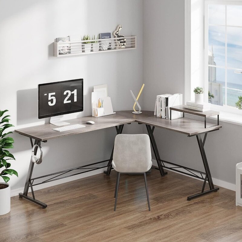 Cascoottima-L字型コンピューターデスク,ホームオフィス家具,モニタースタンド,グレーオーク,66インチ