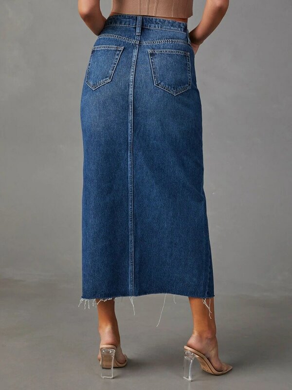 Damska długi dżinsowy spódnica z wysokim stanem, elegancka, surowa, letnia spódnice z dżinsu Midi z kieszeniami