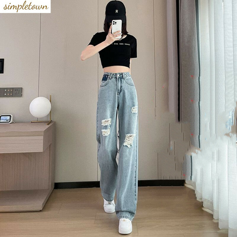 Straight Perforated Fashion Jeans Spring/Summer Korean Edition New High Waist Versatile Loose Wide Leg Pants