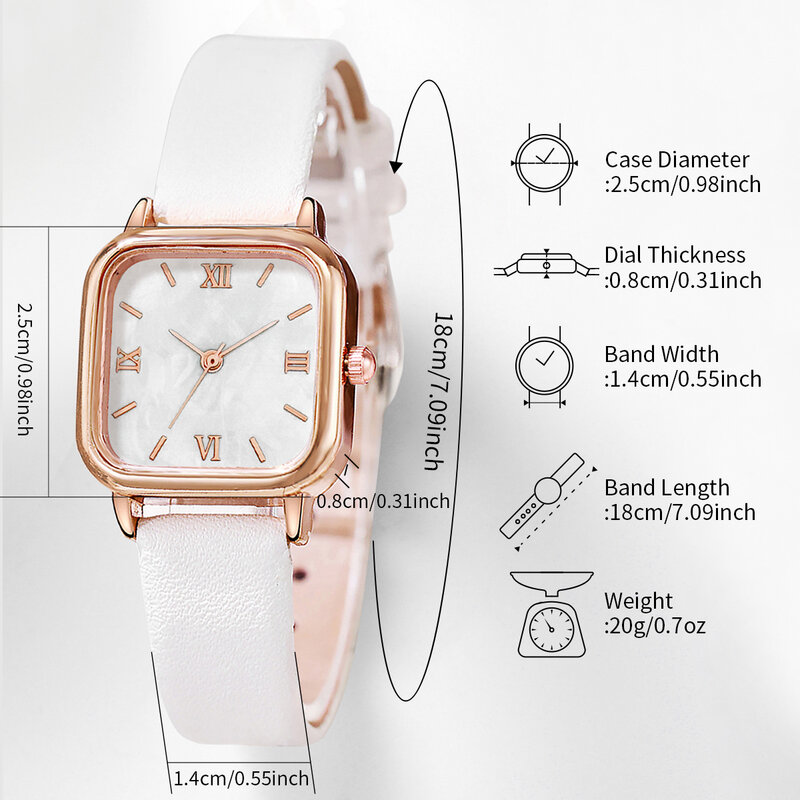 2pcs/set Fashion Women Leather Strap Square Case Quartz Watch & Pearl Bracelet