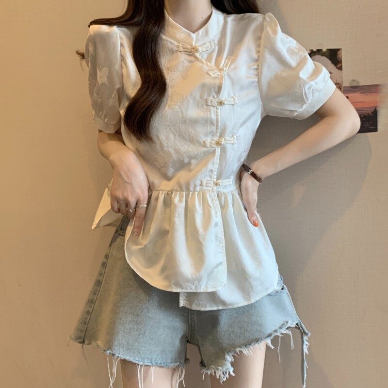 Miiiix 2024 Summer New Unique Design Shirt Women's New Chinese Button Waist Stand Up Neck Bubble Sleeve Top Female Clothing