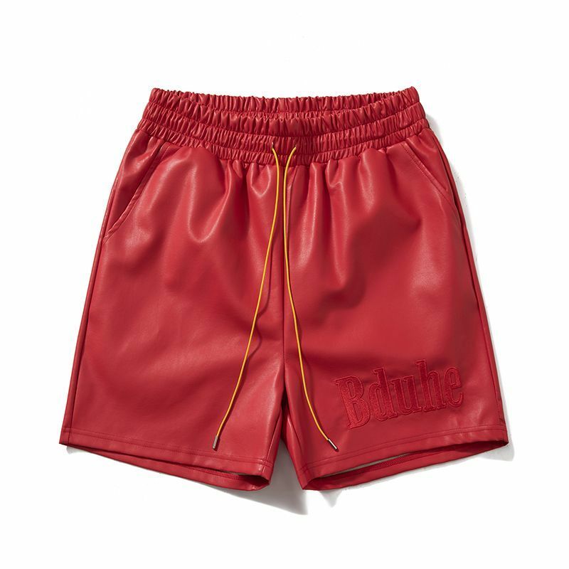 Pantalones cortos de PU para hombre, capris deportivos informales retro, harajuku, ropa de calle holgada con cordón, 2024