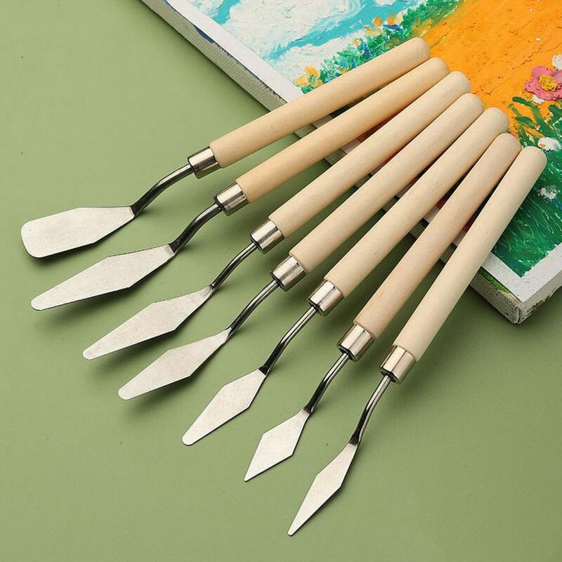 7Pcs Painting Spatula Kit with Wooden Handle Stainless Steel Oil Painting Art Palette Color Mixing Scraper Painting Accessories