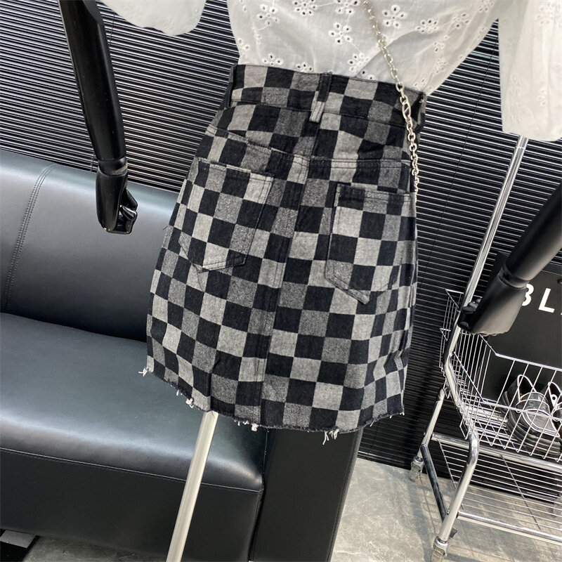 New 2022 fashion Designer new style Famous brand High waist Plaid skirt summer Checkerboard Denim skirt