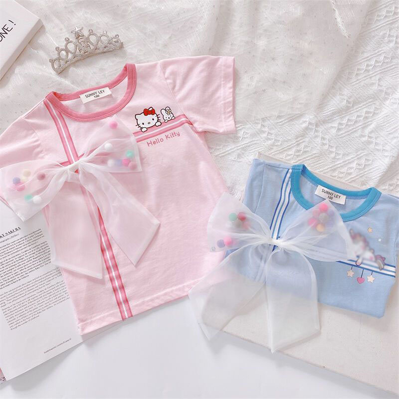 Hello Kittys Pure Cotton T-Shirt Kawaii Sanrios Children Cartoon Printed Short Sleeve Quick Dry Breathable Cute Bow Tops Summer