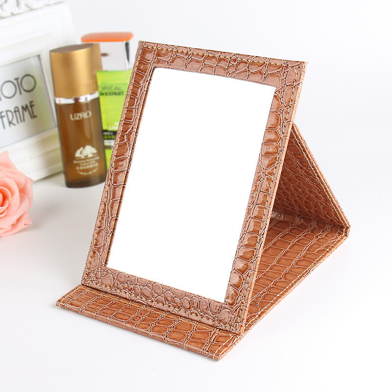 Specchio per il trucco pieghevole in pelle PU portatile con supporto per realizzare specchi strumenti cosmetici 20x15cm