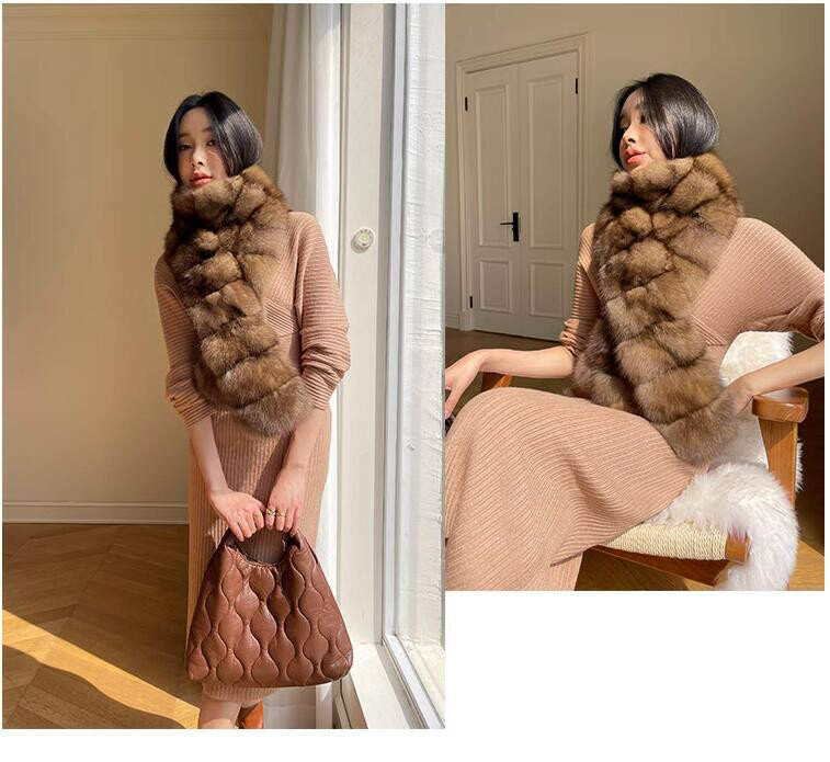 Women Winter Super Luxury Real Sable Fur Long Scarf Lady Muffler Shawl Ring
