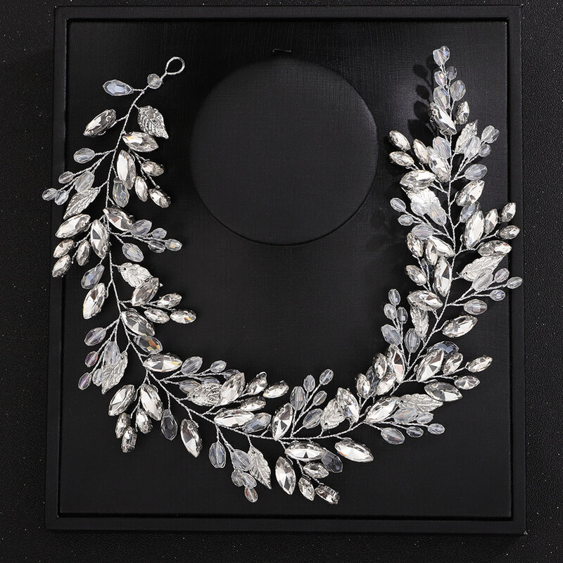 Luksusowa srebrna opaska z kryształu górskiego na ślubne liście ręcznie robione akcesoria do włosów ślubnych biżuteria niebieski czarne nakrycie głowy na przyjęcie