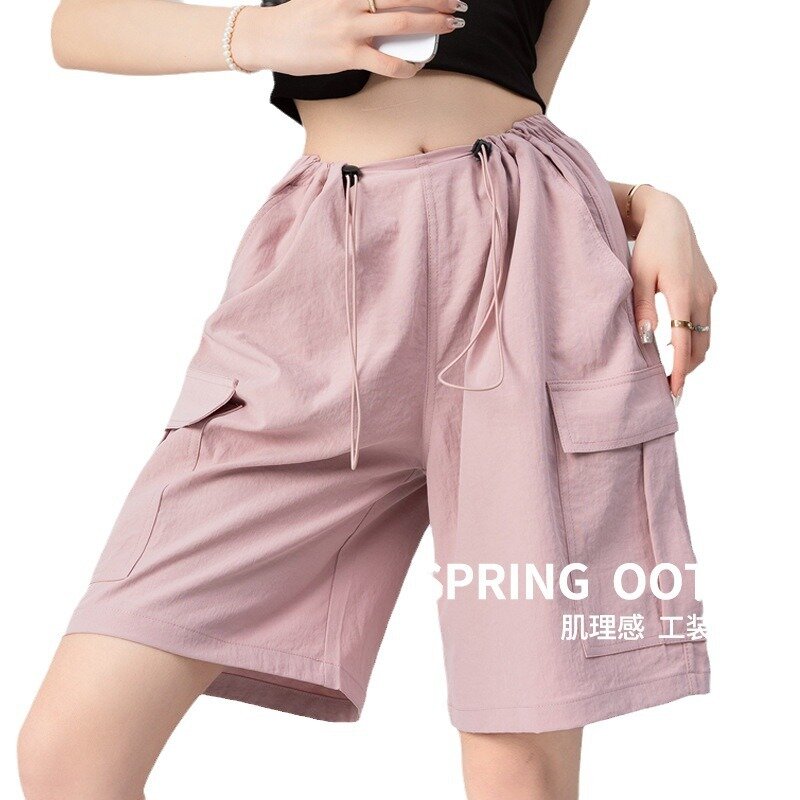 Women's Shorts Solid Color Big Pocket Wide Leg High Waist Drawstring Cargo Shorts Loose Streetwear Sports Casual Summer