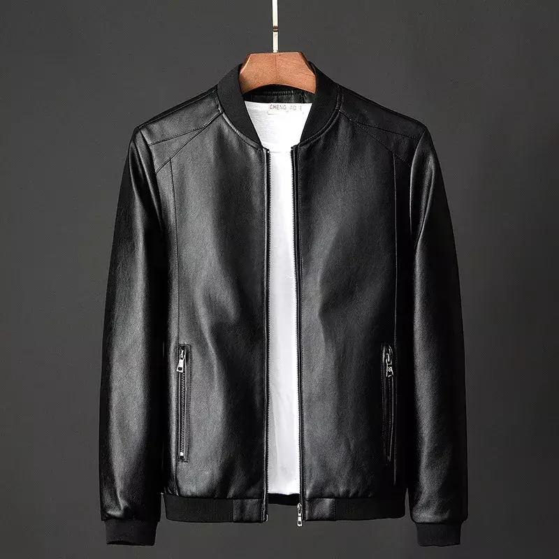 Мужская байкерская куртка из ПУ кожи, черная Повседневная приталенная куртка из ПУ кожи, модель 8Xl в Корейском стиле на осень, 2023