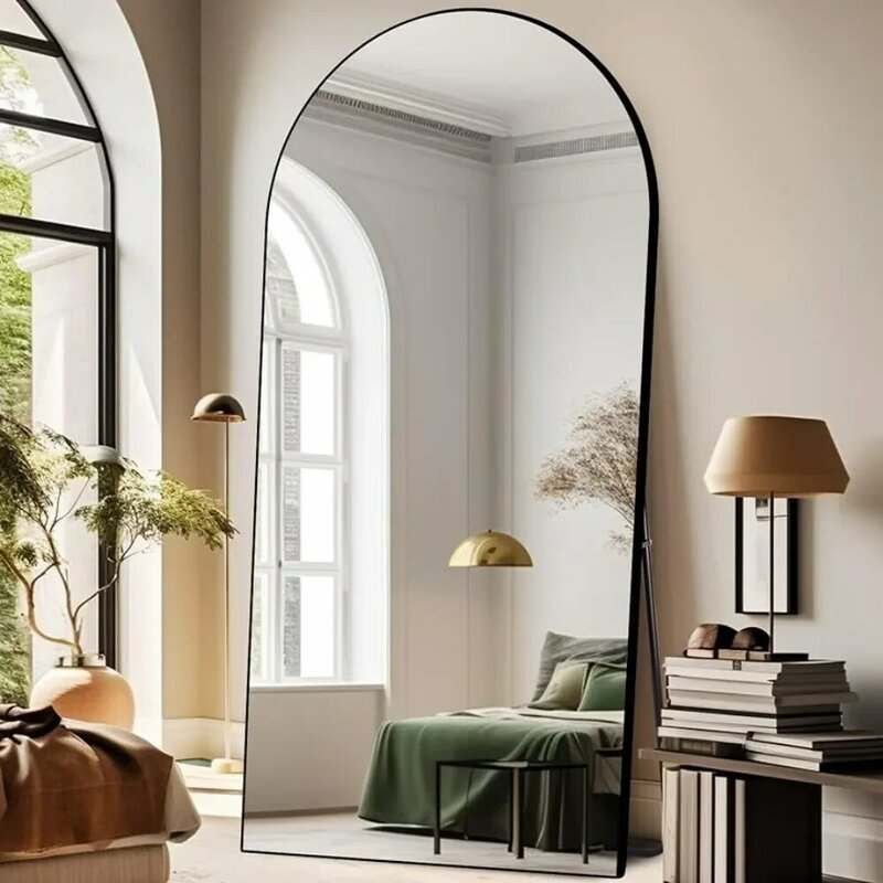 Specchio ad arco a figura intera, con supporto telaio in lega di alluminio per soggiorno, camera da letto appeso in piedi o pendente a parete