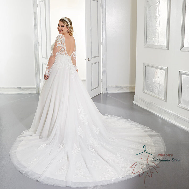Exquisite Wedding Dresses Plus Size V-Neck Long Sleeves Empire Bride Gowns Lace Applique Sweep Train A-Line Robe De Mariée 2023