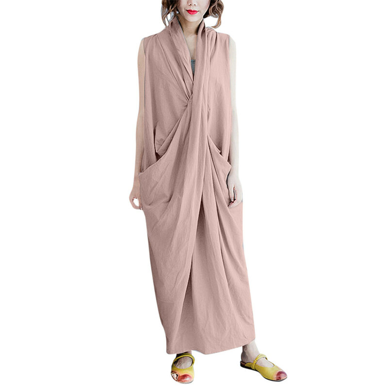 Gaun jubah pantai kasual katun imitasi untuk wanita gaun Maxi berlipat musim panas kerah V dalam tanpa lengan polos
