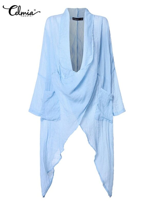 Осенние женские топы Celmia, модные однотонные блузки 2023, винтажные длинные рубашки, повседневные асимметричные блузки с воротником-хомутом и длинным рукавом