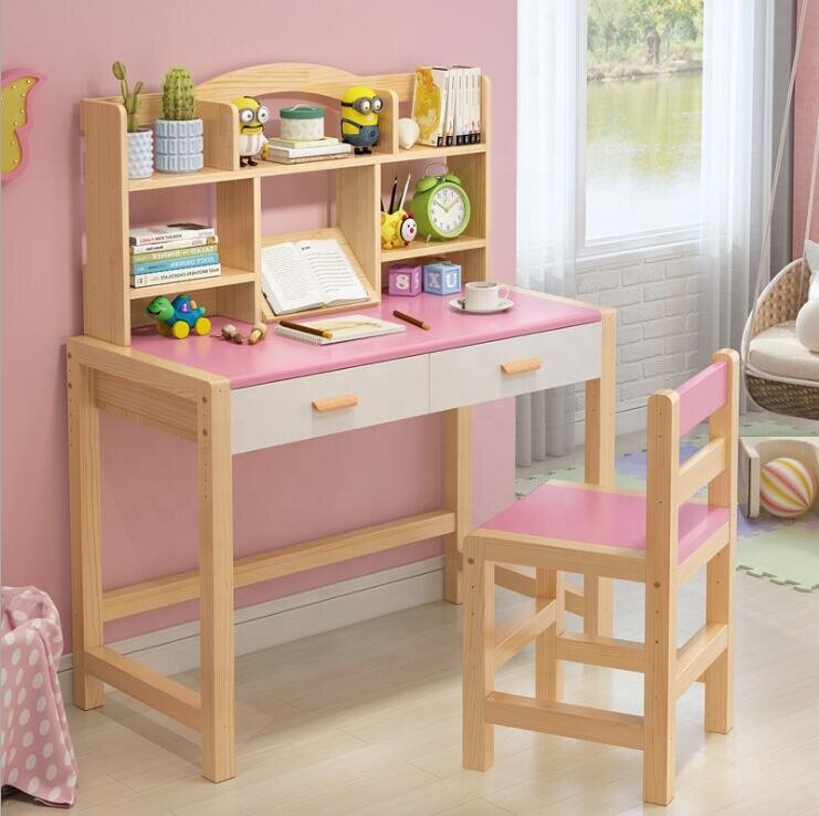 Meja belajar dan kursi kayu Solid anak-anak, dapat disesuaikan untuk furnitur rumah