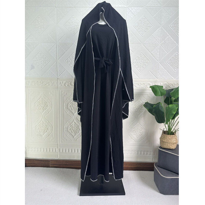 ชุดฮิญาบ3ชิ้นสำหรับมุสลิมชุดเดรสผ้าเครปเปิดกิโมโนสำหรับผู้หญิงดูไบไก่งวงด้านในเสื้อผ้าอิสลามรอมฎอน
