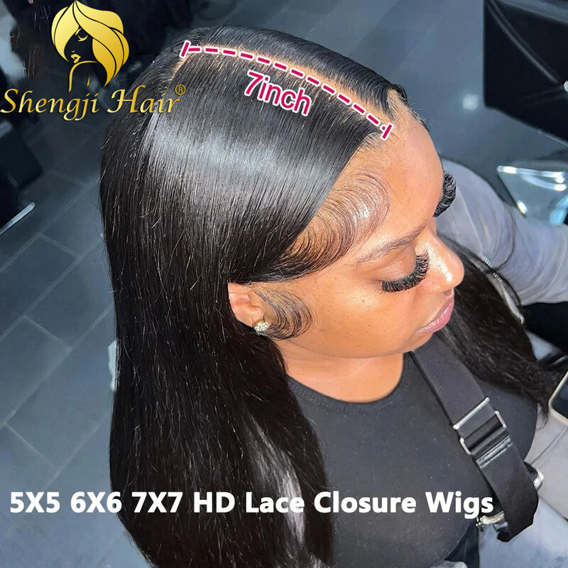 Shengj-Peluca de cabello humano liso con encaje Frontal HD, pelo Natural sin pegamento, 7x7, 5x5, 6x6