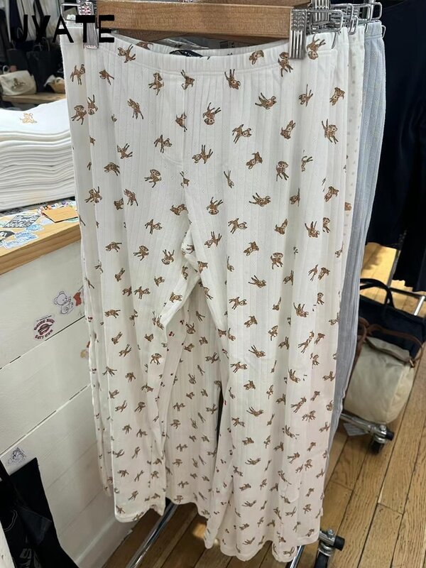 Celana panjang wanita lubang motif rusa kecil lucu celana panjang piyama kasual lembut katun baru celana lurus cantik Vintage Y2K