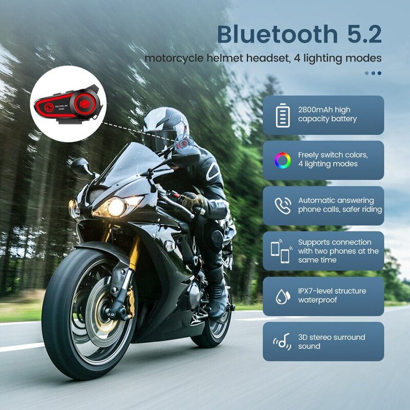 GEARELEC-Capacete de Motocicleta, Bluetooth Estéreo, Mãos Livres, IPX7 Impermeável, 2800mAh, Luz Ambiente Tri-Color, DK02