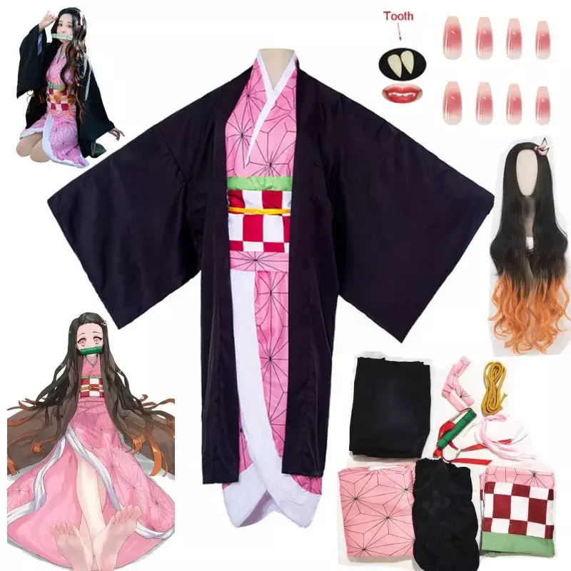 Kamado Nezuko Cosplay Costume para Crianças, Anime Kimono, Kimetsu No Yaiba, Kamado Nezuko, Peruca, Uniforme, Halloween, Mulheres
