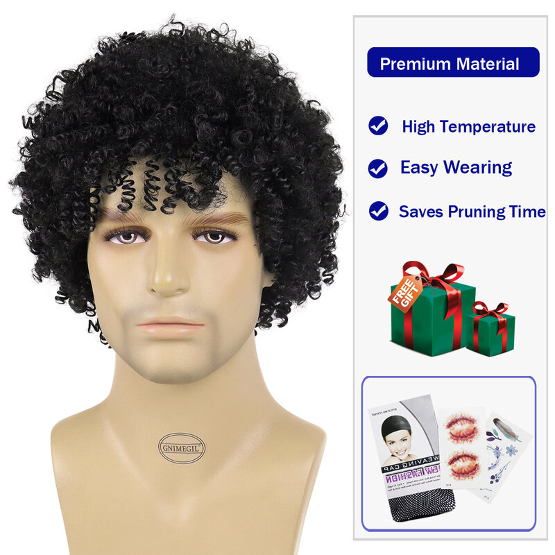 Wig keriting Kinky Afro untuk pria, gaya rambut palsu hitam Afrika dengan poni elastis rambut keriting halus alami Cosplay karnaval Rock