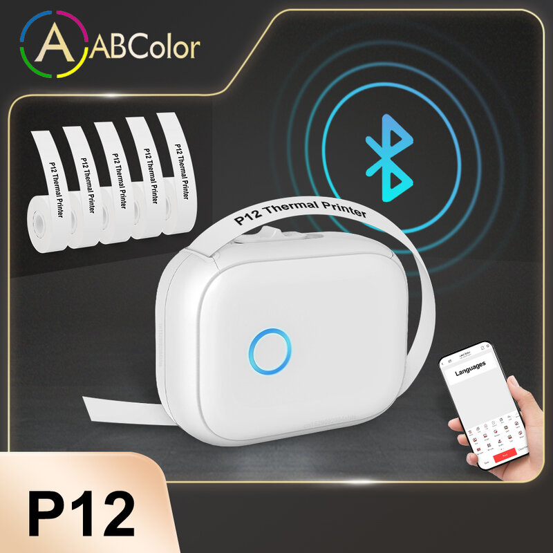 粘着性の感熱ラベルプリンター,ワイヤレス,ポータブル,Bluetooth,ポケットメーカー,連続ラベル付きマシン,p12