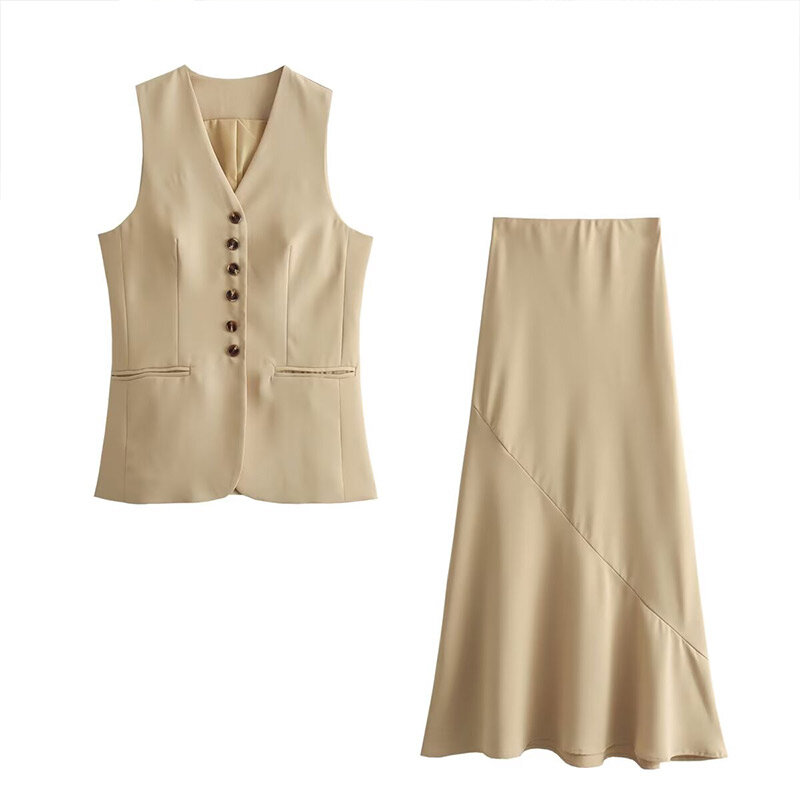 Elegant Vest Long Skirt Women's Sets Sleeveless V-neck Tank Top High Waist Skirts Women Suit 2024 Summer Office Lady Suits