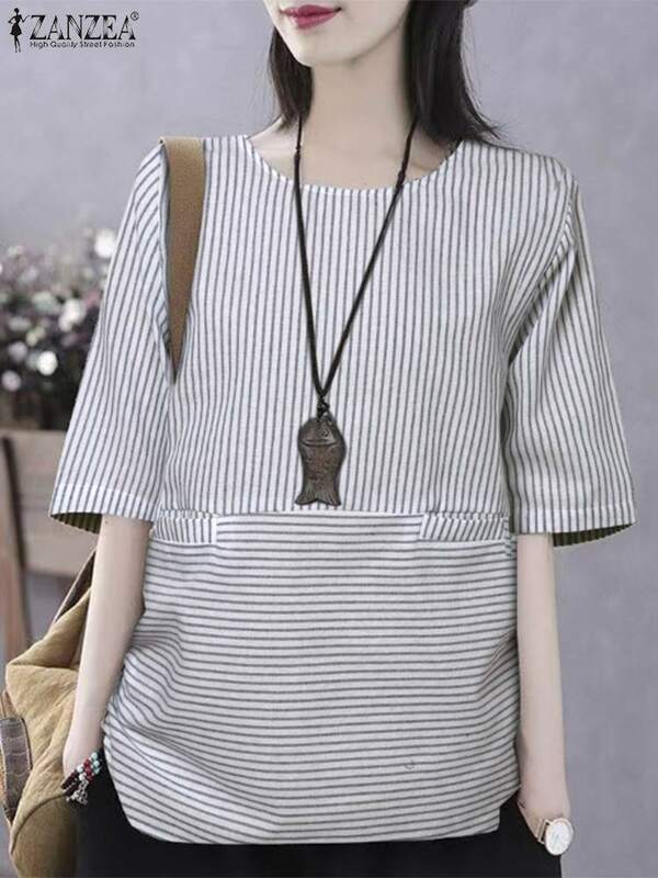 ZANZEA-Blusa de manga corta a rayas para mujer, camisa informal holgada de gran tamaño con cuello redondo, para oficina, verano, 2024