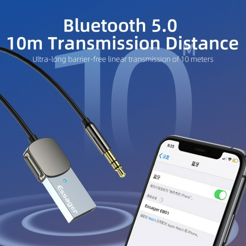 Essager Aux Bluetooth Adapter Dongle USB Sang Jack 3.5Mm Âm Thanh Xe Hơi Aux Bluetooth 5.0 Chính Hãng Bộ Cho Xe Hơi Đầu Thu BT Bộ Phát