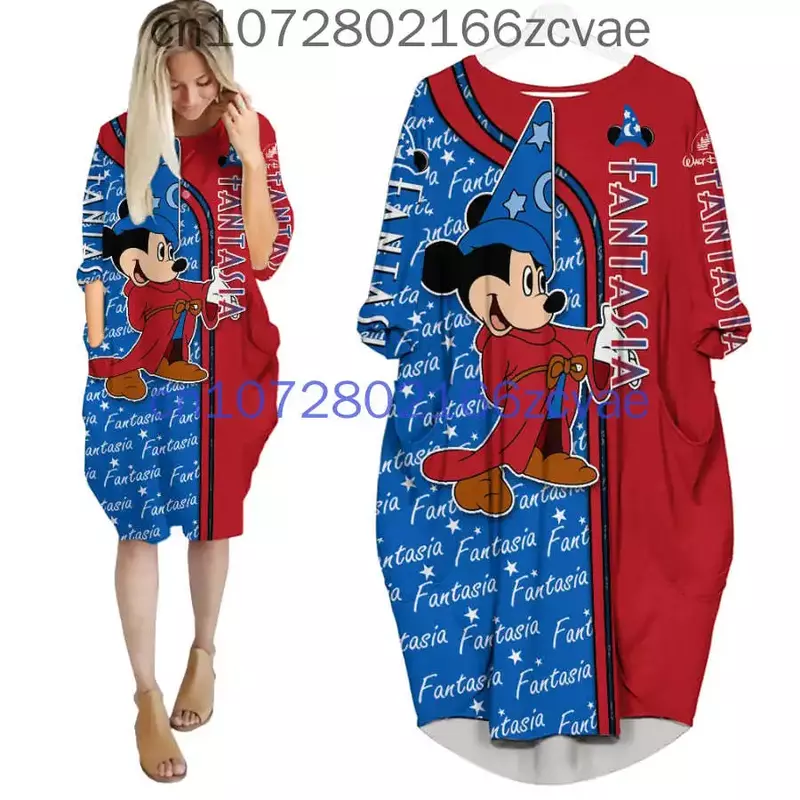 Daisy Duck Oversize Long Sleeves Pocket Dress Disney Cartoon Batwing Pocket Dress Women's Fashion Versatile Loose Party Dress