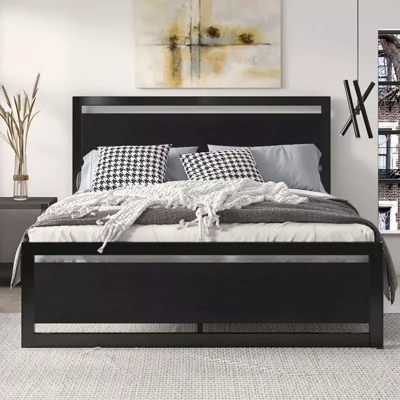 SHA CERLIN Queen Size Bed Frame with Modern Wooden Headboard/Heavy Duty Platform Metal  Square Footboard &am