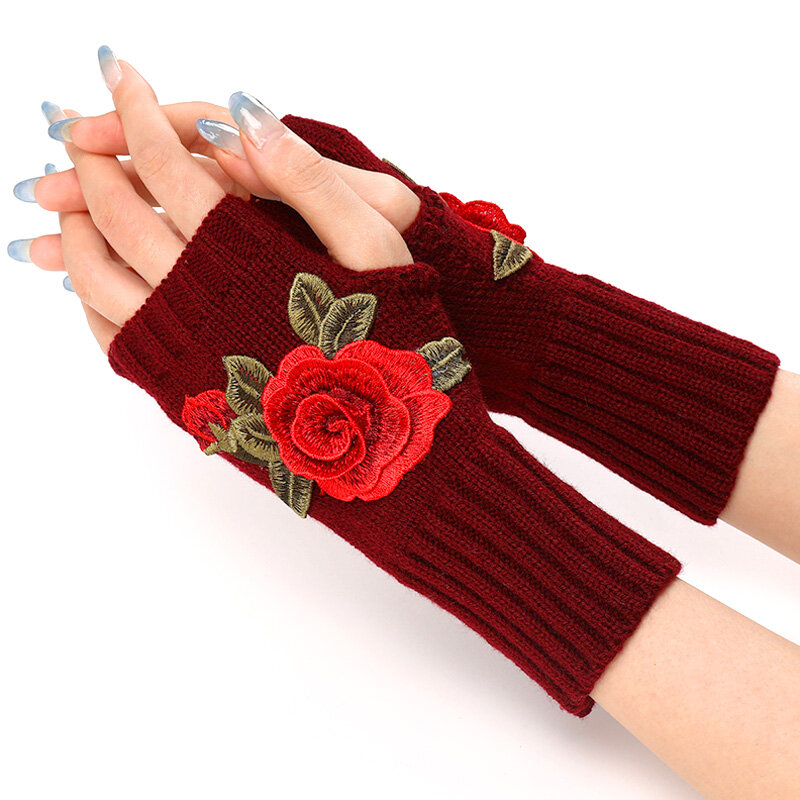 Женские короткие перчатки с вышивкой, вязаные шерстяные рукава, теплые митенки без пальцев, Осень-зима 2023
