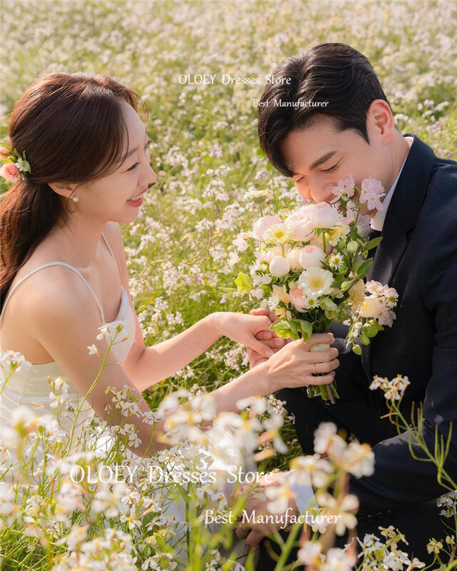 OLOEY Simple A Line Korea Wedding Dresses Spaghetti Straps Soft Satin Photo shoot Garden Bridal Gowns Formal Party Dress