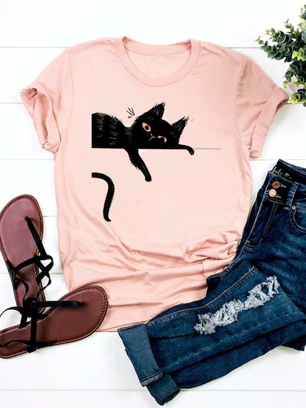 Druck T Shirt Kurzarm Sommer Kleidung Frauen Kleidung Katze Faul Lustige Cartoon Mode Graphic T-shirt Basic Tee Top
