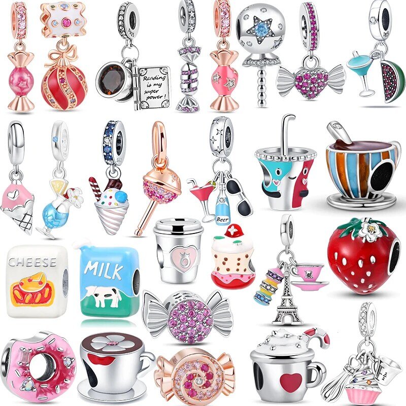 Real 925 Silver Fit Original Pandora Charms Bracelet Donut Dessert Birthday Cake Coffee Cup Ice Cream Candy Color Jewelry Dangle