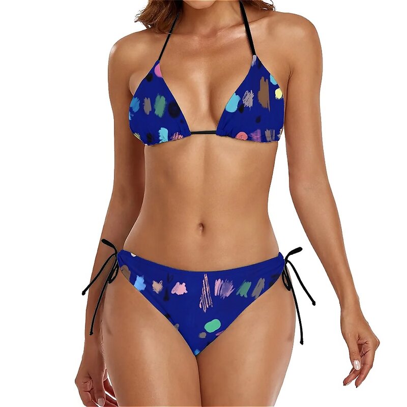 Conjunto de Bikini con estampado de pincel para mujer, traje de baño de dos piezas con realce, corte alto, Sexy, colorido