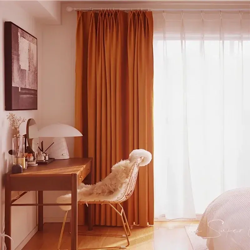Tirai Termal Kasmir Mewah untuk Ruang Tamu Ruang Tidur Gelap Aula Kain Isolasi Anti-dingin Elegan Oranye Hangat 2 Buah
