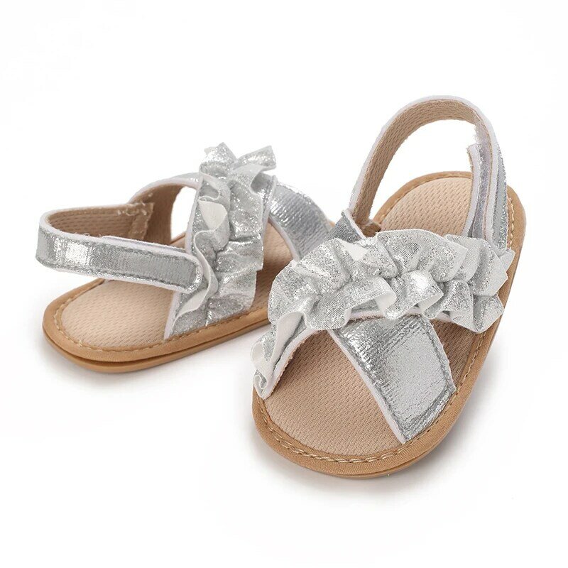 Letnie sandały dla dziewczynek w wieku 0-18 miesięcy Błyszczące koronkowe antypoślizgowe buty do chodzenia dla maluchów z miękką podeszwą