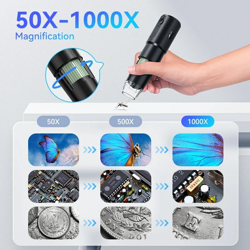 Mikroskop Digital nirkabel, mikroskop Digital nirkabel 50X-1000X perbesaran dudukan fleksibel untuk Android IOS iPhone PC elektronik Stereo Wifi