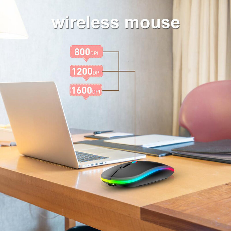 Mouse sem fio recarregável RGB Backlight, Mouse silencioso ergonômico, 2.4GHz, Receptor USB, Bluetooth 5.1, apto para laptop, PC, 1600DPI