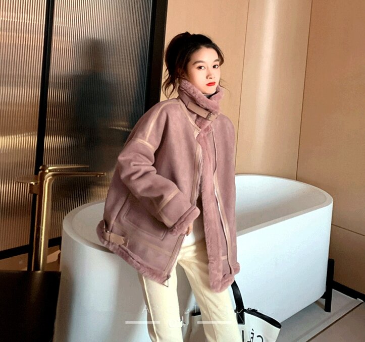 Mantel bulu domba wanita, jaket kulit wol tebal hangat Korea musim dingin 2023 untuk perempuan