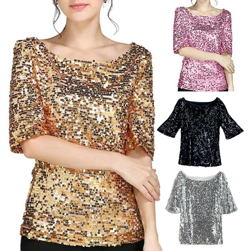 Women Sequins T-shirts O Neck Short Sleeve Sequin Tops Sparkling Mid Sleeve Blouse Disco Stage Performances Tees Blouse Top